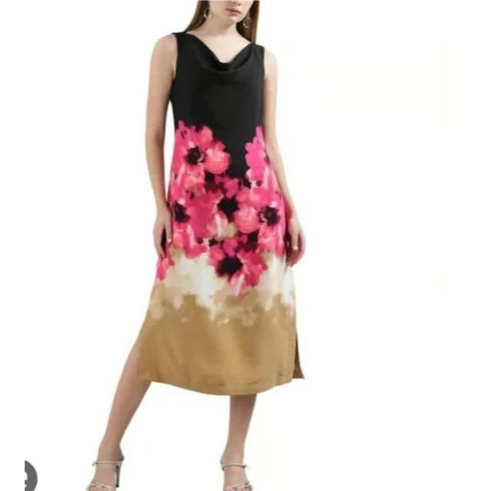 DKNY by Donna Karan Floral Woven Cowl Neck Sleeveless Midi A-Line Dress Size 6P